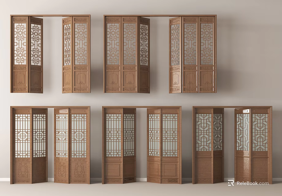 Traditional Chinese Wooden Screens With Intricate Carved Patterns And Multiple Panels 3d model 