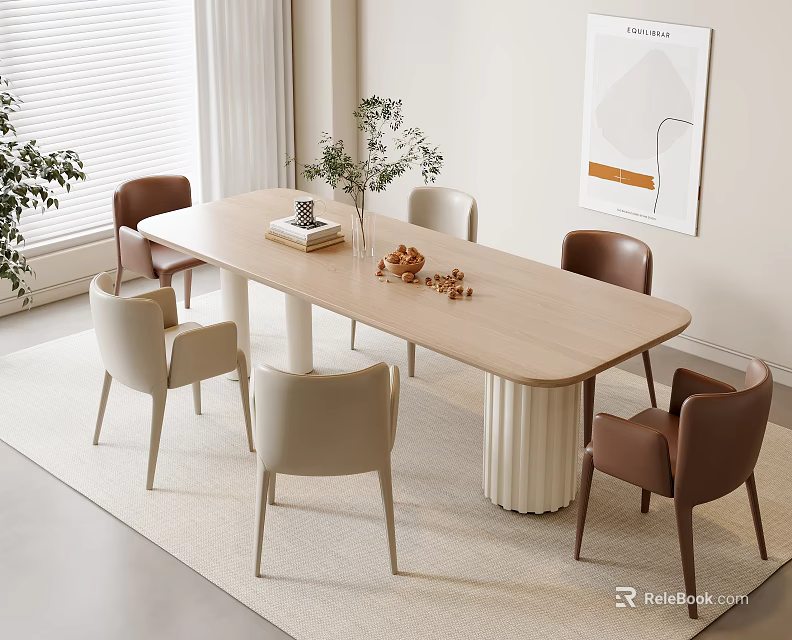 Modern Light Wood Dining Table Set With Beige And Brown Chairs Plants Books And Decorations 3d model 