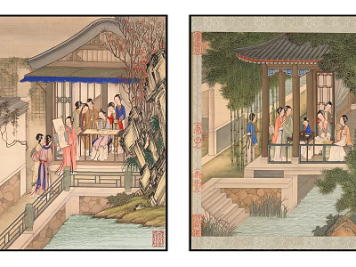 Traditional Chinese Garden Scenery With Ancient Figures In Pavilion And Water 3d model