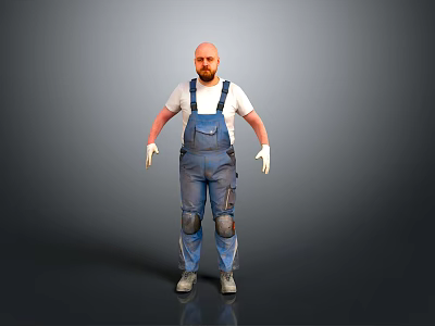 A man wearing blue overalls white T-shirt white gloves and knee pads against gray background 3d model