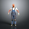 A man wearing blue overalls white T-shirt white gloves and knee pads against gray background