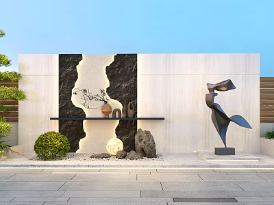 Modern Minimalist Feature Wall With Black White Pattern Sculpture Green Shrubs And Stone Pavement 3d model