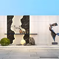 Modern Minimalist Feature Wall With Black White Pattern Sculpture Green Shrubs And Stone Pavement