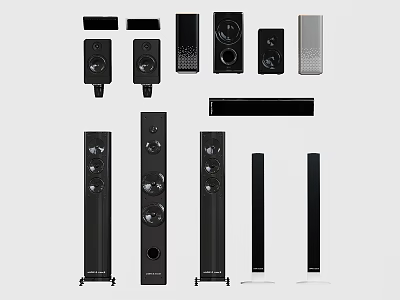 Headphones and Speakers Home Audio Setup With Floor Standing Bookshelf Soundbar and Subwoofer 3d model