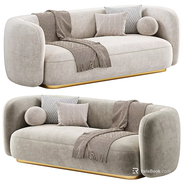 Light Gray Sectional Sofa with Soft Throw Pillows Cozy Blanket and Gold Metal Legs 3d model 