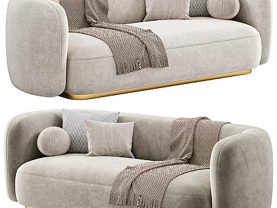 Light Gray Sectional Sofa with Soft Throw Pillows Cozy Blanket and Gold Metal Legs 3d model