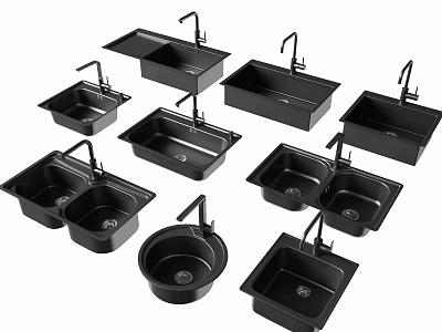Assorted Black Kitchen Sinks with Faucets in Single and Double Bowl Styles 3d model
