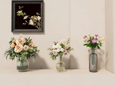 Three Glass Vases With Colorful Flowers On Shelf And Floral Wall Art Decor 3d model