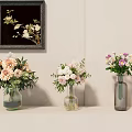 Three Glass Vases With Colorful Flowers On Shelf And Floral Wall Art Decor