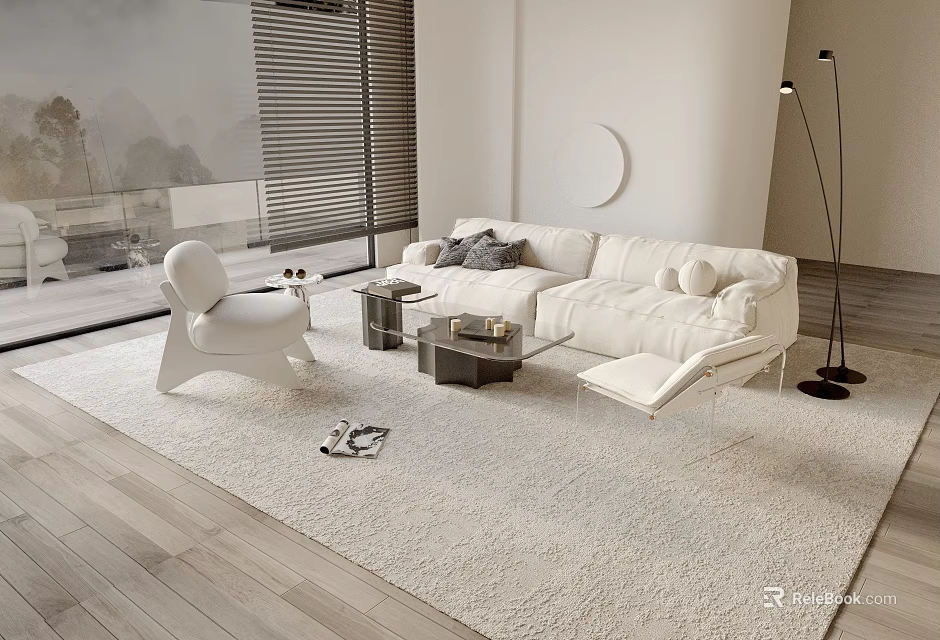 Modern Living Room Interior With White Sofa Coffee Table Accent Chair And Plush Carpet 3d model 