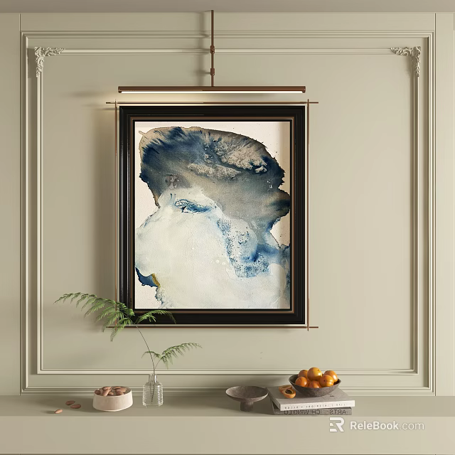 Modern Abstract Painting With Blue White Grey Fluid Design Hanging On Wall 3d model 