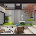 Scenic Courtyard Feature Wall With Lush Green Plants Stone Steps And Outdoor Seating
