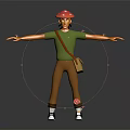 Character Wearing Red Hat Green T-Shirt with Brown Bag and Small Butterflies Around Outstretched Arms