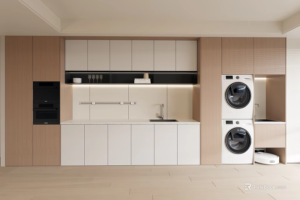 Modern Kitchen Sideboard Design With White And Wooden Cabinets And Countertop 3d model 