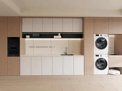 Modern Kitchen Sideboard Design With White And Wooden Cabinets And Countertop 3d model