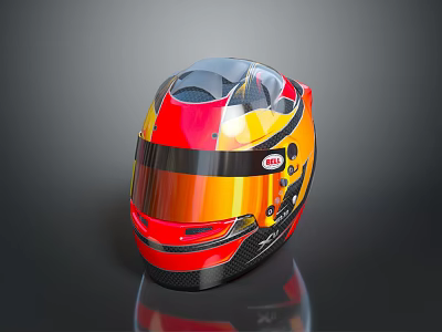 Tactical Weapon Helmet In Red Yellow Black With Carbon Fiber Shell And Bell Transparent Visor 3d model