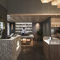 Modern Restaurant Interior With Open Bar Counter Wooden Hanging Lights Chef And Seating Area