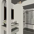 Modern Bathroom Interior with Light Colored Vanity Mirror Vase and Shower Area Blinds 3d model
