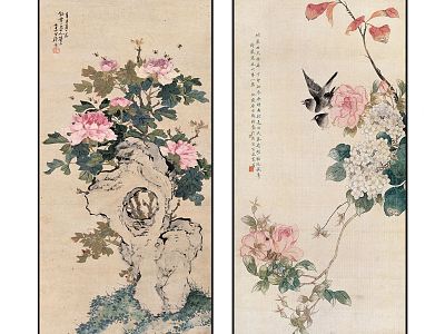 Chinese Plant Painting Elegant Zen Plant Flower and Bird Pattern Hanging Painting Combination model