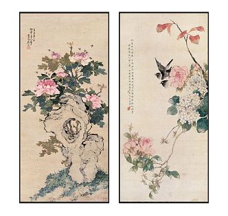 Chinese Plant Painting Elegant Zen Plant Flower and Bird Pattern Hanging Painting Combination 3d model