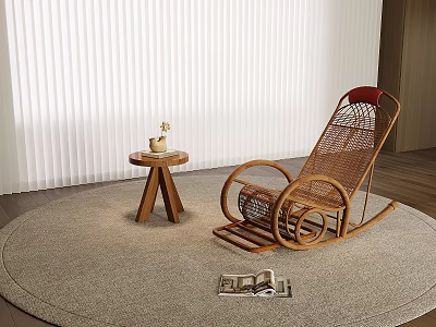 Modern Wicker Rocking Chair In Indoor Setting With Round Rug And Side Table 3d model