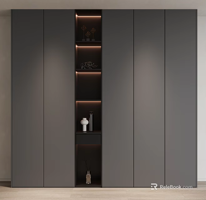 Modern Gray Bookcase Design With LED Lighting Open Shelves And Decorative Items 3d model 
