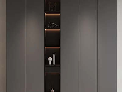 Modern Gray Bookcase Design With LED Lighting Open Shelves And Decorative Items 3d model