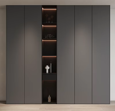 Modern Gray Bookcase Design With LED Lighting Open Shelves And Decorative Items 3d model