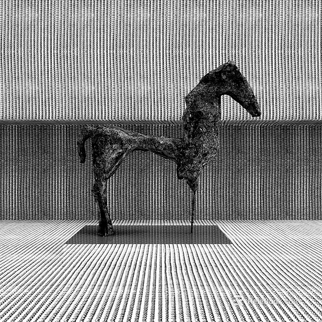 Abstract Metal Horse Sculpture Carving in Striped Wall Floor Setting 3d model 