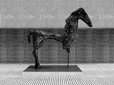Abstract Metal Horse Sculpture Carving in Striped Wall Floor Setting 3d model