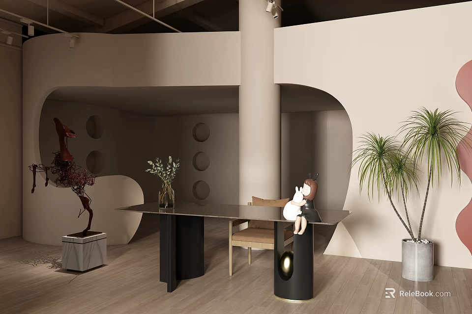 Modern Black Desk Interior With Chair Palm Plant And Beige Wall Circular Design 3d model 