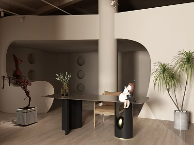 Modern Black Desk Interior With Chair Palm Plant And Beige Wall Circular Design 3d model