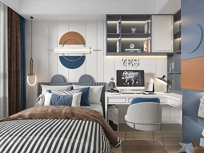 Bright Modern Kids Room With Striped Bed Circular Lights Desk Bookshelf And YES Decor 3d model