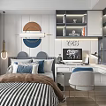 Bright Modern Kids Room With Striped Bed Circular Lights Desk Bookshelf And YES Decor