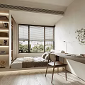 Modern Tatami Bedroom Interior Design With Window Bookshelf Desk Chair And Green Plant