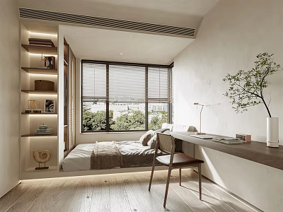 Modern Tatami Bedroom Interior Design With Window Bookshelf Desk Chair And Green Plant 3d model
