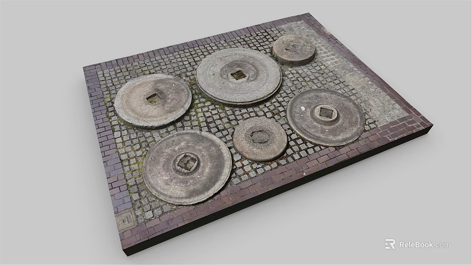 Square Platform With Circular Metal Covers On Brick Patterned Paving Surface 3d model