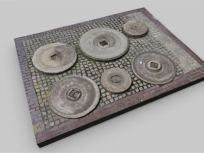 Square Platform With Circular Metal Covers On Brick Patterned Paving Surface 3d model