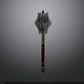 Ornate Battle Axe With Metallic Blade Wooden Red Handle And Silver Accents