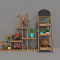 Garden Decorative Ornaments With Wooden Multi tiered Shelves Potted Plants Colorful Flowers And Windmill