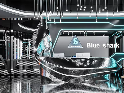 Blue Shark Internet Cafe Modern Tech Style With Neon Lights And Metallic Counter 3d model