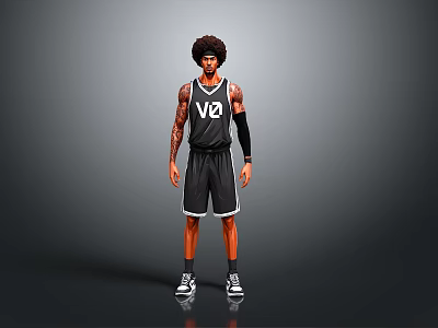 3D Basketball Player Model With Black Jersey V2 Lettering Shorts Tattoos And Arm Sleeve 3d model