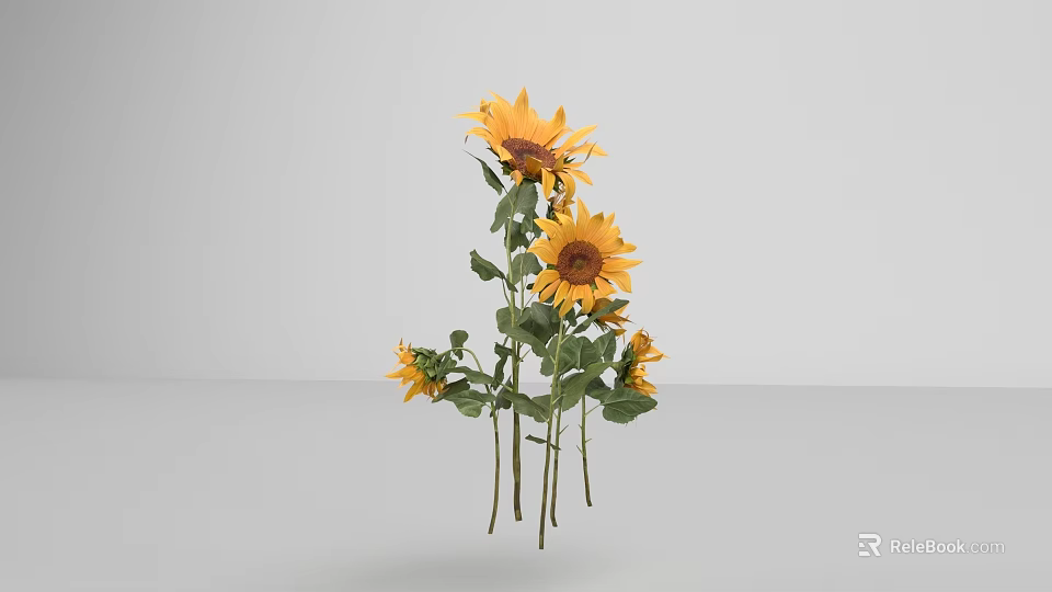 Vibrant Yellow Sunflowers Bouquet with Green Stems and Lush Fresh Leaves 3d model 