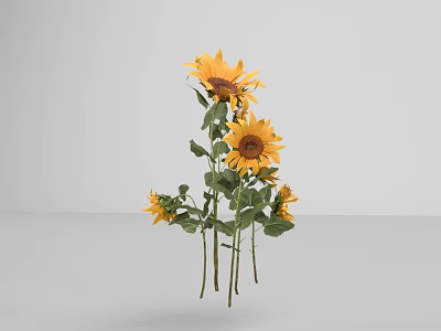 Vibrant Yellow Sunflowers Bouquet with Green Stems and Lush Fresh Leaves 3d model
