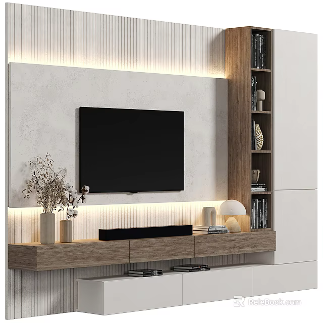 Modern TV Background Wall With Wooden Panel Led Lights TV Stand And Bookshelf 3d model 
