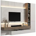 Modern TV Background Wall With Wooden Panel Led Lights TV Stand And Bookshelf