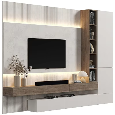 Modern TV Background Wall With Wooden Panel Led Lights TV Stand And Bookshelf 3d model