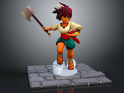 Animated Red Haired Character Holding Axe Standing On Stone Brick Base Figurine 3d model
