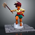 Animated Red Haired Character Holding Axe Standing On Stone Brick Base Figurine