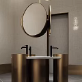 Modern Public Restroom Interior With Gold Washbasins Round Mirrors And Decorative Lighting